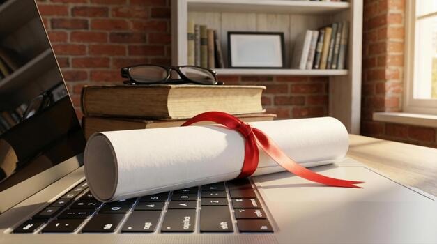 imgi_116_graduation-ceremony-online-diploma-on-laptop-keyboard-symbol-of-modern-education-pride-photo